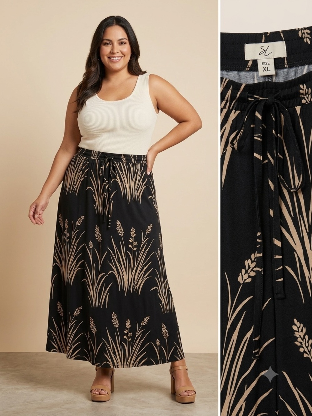 Kathie Lee Collection Black Maxi Skirt with Tan Botanical Print